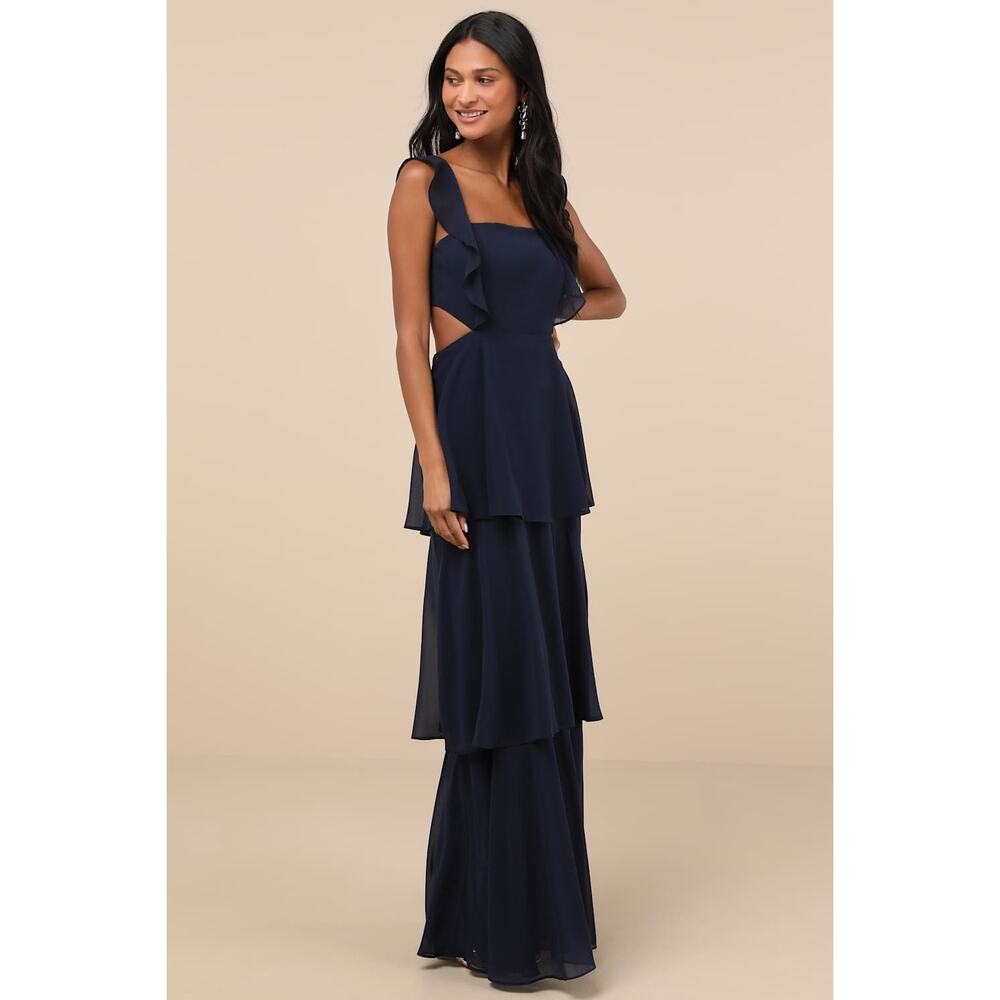 NWT Lulus Elegant Event Navy Ruffled Tie-Back Tiered Maxi Dress Bridesmaid Sz S